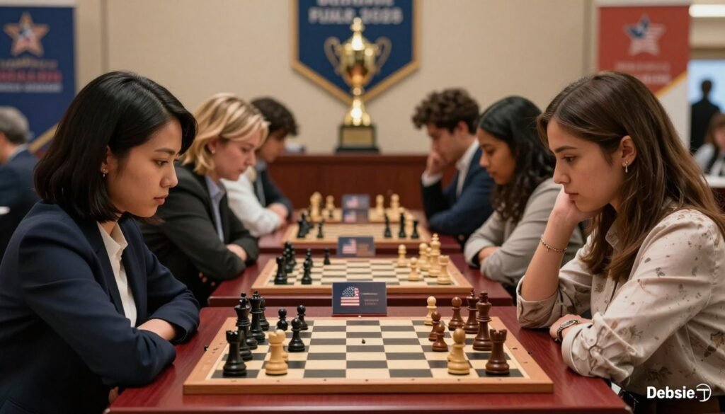 A vibrant scene showcasing U.S. women chess champions in action, emphasizing their strategic prowess and determination. In the foreground, diverse female chess players, one with short black hair in a sleek blazer, another with long brown hair in a stylish blouse, focused on a chessboard with intense expressions. In the middle ground, a rich mahogany table set with elegant chess pieces and a dramatic lighting effect that highlights their faces and the game. The background features a softly blurred chess tournament hall, adorned with trophies and banners, creating an atmosphere of competition and achievement. The overall mood is empowering and inspiring, capturing the essence of women reshaping the chess landscape. High-resolution, natural lighting, shot with a 50mm lens, to evoke a sense of intimacy and engagement. Logo: Debsie.com. A vibrant scene showcasing U.S. women chess champions in action, emphasizing their strategic prowess and determination. In the foreground, diverse female chess players, one with short black hair in a sleek blazer, another with long brown hair in a stylish blouse, focused on a chessboard with intense expressions. In the middle ground, a rich mahogany table set with elegant chess pieces and a dramatic lighting effect that highlights their faces and the game. The background features a softly blurred chess tournament hall, adorned with trophies and banners, creating an atmosphere of competition and achievement. The overall mood is empowering and inspiring, capturing the essence of women reshaping the chess landscape. High-resolution, natural lighting, shot with a 50mm lens, to evoke a sense of intimacy and engagement. Logo: Debsie.com.