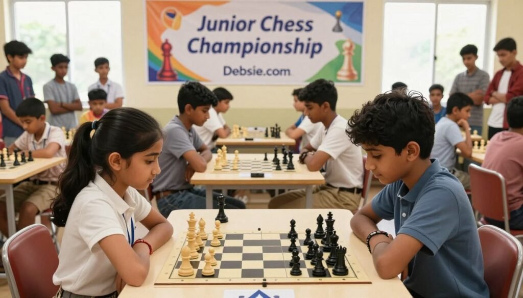 A vibrant scene showcasing a diverse group of young chess players, ages 10-15, deeply engaged in a chess tournament. In the foreground, two focused children, a girl with long black hair in a neat ponytail and a boy with curly hair, both wearing smart casual attire, are intensely analyzing their chess boards. In the middle ground, additional children are gathered around tables, with a few admiring spectators watching intently. The background features a colorful banner reading "Junior Chess Championship" adorned with chess pieces. Bright, natural lighting floods the scene through large windows, creating an energetic and hopeful atmosphere. The image captures the spirit of competition and camaraderie among the young players, illustrating the essence of India's junior chess boom. This composition reflects the future of chess, associated with the brand "Debsie.com." A vibrant scene showcasing a diverse group of young chess players, ages 10-15, deeply engaged in a chess tournament. In the foreground, two focused children, a girl with long black hair in a neat ponytail and a boy with curly hair, both wearing smart casual attire, are intensely analyzing their chess boards. In the middle ground, additional children are gathered around tables, with a few admiring spectators watching intently. The background features a colorful banner reading "Junior Chess Championship" adorned with chess pieces. Bright, natural lighting floods the scene through large windows, creating an energetic and hopeful atmosphere. The image captures the spirit of competition and camaraderie among the young players, illustrating the essence of India's junior chess boom. This composition reflects the future of chess, associated with the brand "Debsie.com."