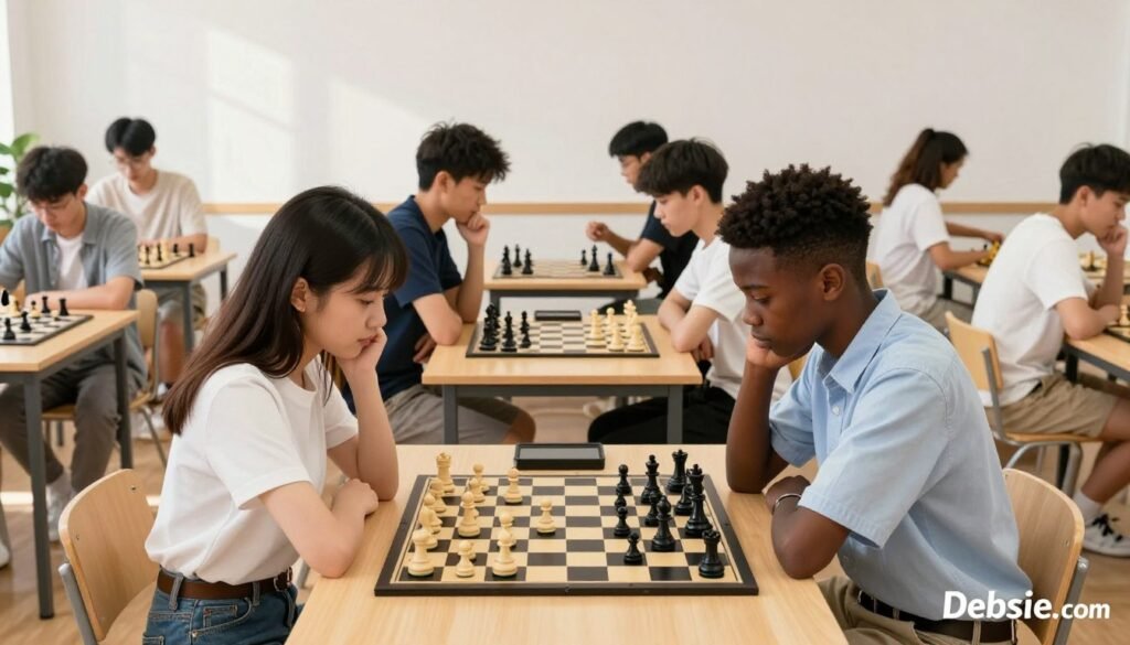 A vibrant scene showcasing a diverse group of young chess players deeply focused on a tournament match in a well-lit, modern chess club. In the foreground, two teenagers, one Asian girl in a smart casual outfit and an African-American boy in a button-up shirt, are analyzing the board, deep in thought. In the middle background, several other young players engage in their own matches, displaying a mix of concentration and excitement. Soft, natural lighting illuminates the room, casting gentle shadows that enhance the strategic play. The atmosphere is intense yet inspiring, reflecting the rich generational depth of chess in China. A minimalist design emphasizes the chess pieces and players' expressions. The scene subtly incorporates the logo of Debsie.com in the corner for branding purposes. A vibrant scene showcasing a diverse group of young chess players deeply focused on a tournament match in a well-lit, modern chess club. In the foreground, two teenagers, one Asian girl in a smart casual outfit and an African-American boy in a button-up shirt, are analyzing the board, deep in thought. In the middle background, several other young players engage in their own matches, displaying a mix of concentration and excitement. Soft, natural lighting illuminates the room, casting gentle shadows that enhance the strategic play. The atmosphere is intense yet inspiring, reflecting the rich generational depth of chess in China. A minimalist design emphasizes the chess pieces and players' expressions. The scene subtly incorporates the logo of Debsie.com in the corner for branding purposes.