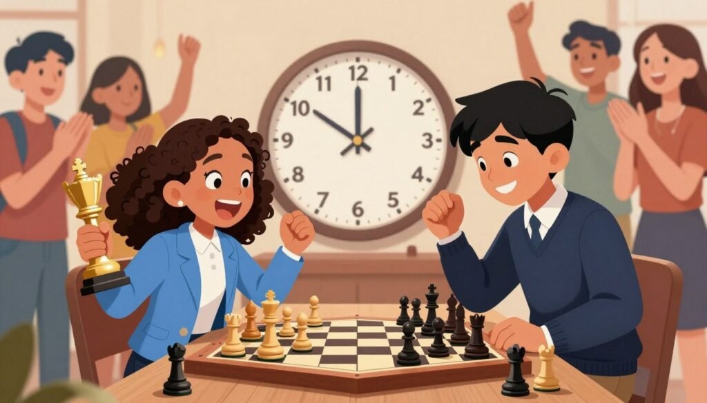 A vibrant scene showcasing two young chess grandmasters, both around 12 years old, celebrating their recent record-breaking achievements. In the foreground, one child, a girl with curly hair, is wearing a smart, light blue blazer and a white shirt, her face lit up with joy as she holds a trophy in one hand. The other, a boy with straight black hair, is dressed in a neat navy sweater and trousers, examining a chessboard filled with pieces. The middle ground features a large clock ticking down, emphasizing the tension and excitement of the game. In the background, a cheering crowd of students and adults, clapping and smiling, adds to the atmosphere of celebration and accomplishment. The lighting is bright and inspirational, casting soft shadows, while a slightly elevated angle captures the intensity of the moment, conveying a sense of motivation and aspiration. The overall mood is energetic and uplifting, perfect for illustrating young talent in chess. Create this image for Debsie.com. A vibrant scene showcasing two young chess grandmasters, both around 12 years old, celebrating their recent record-breaking achievements. In the foreground, one child, a girl with curly hair, is wearing a smart, light blue blazer and a white shirt, her face lit up with joy as she holds a trophy in one hand. The other, a boy with straight black hair, is dressed in a neat navy sweater and trousers, examining a chessboard filled with pieces. The middle ground features a large clock ticking down, emphasizing the tension and excitement of the game. In the background, a cheering crowd of students and adults, clapping and smiling, adds to the atmosphere of celebration and accomplishment. The lighting is bright and inspirational, casting soft shadows, while a slightly elevated angle captures the intensity of the moment, conveying a sense of motivation and aspiration. The overall mood is energetic and uplifting, perfect for illustrating young talent in chess. Create this image for Debsie.com.