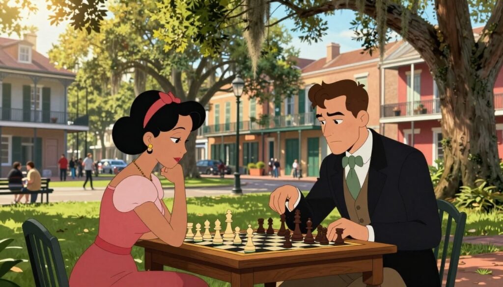 A vibrant street scene in New Orleans capturing the essence of the city's unique charm and history, featuring a classic wooden chess table set up in a bustling park. In the foreground, two elegantly dressed individuals, a young man and woman, are deeply focused on a chess game, showcasing intense expressions. The middle ground includes lush, green trees adorned with Spanish moss and colorful historic buildings, hinting at the rich culture of the city. In the background, soft golden sunlight filters through the leaves, casting a warm glow that enhances the atmosphere. This image reflects the intellectual vibrance and artistic spirit of New Orleans in the early life of Paul Morphy. The composition evokes a friendly yet competitive mood. Image by Debsie.com.
