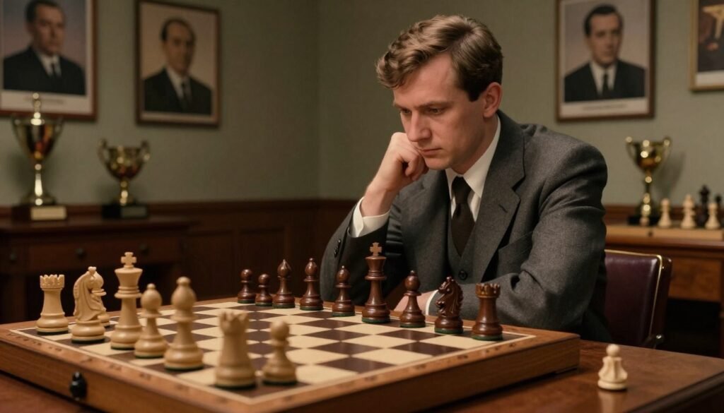 A vintage chess scene capturing the essence of Soviet-era chess, featuring an elegantly designed wooden chessboard with intricately carved pieces, prominently displayed in the foreground. In the middle ground, a focused young Anatoly Karpov, dressed in a smart suit, sits at the chess table, deep in thought, with a subtle expression of determination. The background shows a dimly lit room filled with classic Soviet chess memorabilia, including images of Mikhail Botvinnik and notable trophies, enhancing the historical vibe. Soft, warm lighting illuminates the scene, casting gentle shadows and creating a focused atmosphere. The image aims to evoke a sense of nostalgia and homage to Karpov's early rise in the world of chess. The style is realistic, with a focus on detail and emotion, suitable for illustrating his impact in the chess community. Debsie.com