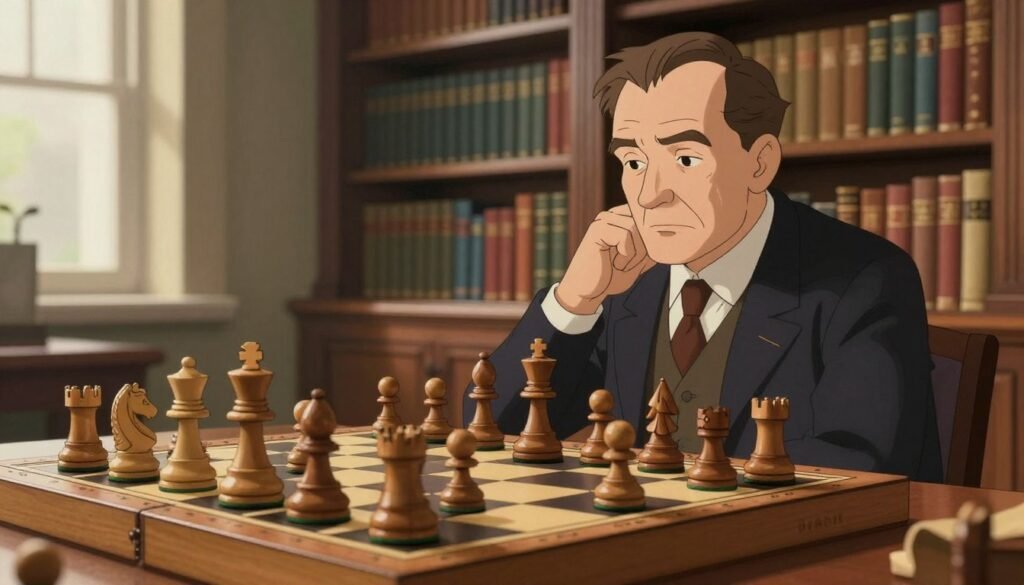 A vintage chessboard gracefully displayed in the foreground, featuring high-quality wooden pieces set up in an intense endgame position. The middle ground reveals a softly lit study, with elegant bookshelves filled with chess literature and strategy books, reflecting a warm, inviting atmosphere. In the background, a window allows gentle natural light to filter in, creating soft shadows that enhance the cozy ambiance. The scene embodies a mood of thoughtful contemplation and strategic brilliance, celebrating the essence of chess. The image captures a moment of reflection, focused on the endgame, with a subtle hint of the legacy of Akiba Rubinstein. The overall composition should feel timeless and scholarly, conveying a sense of respect for the game and its history. Image provided by Debsie.com.