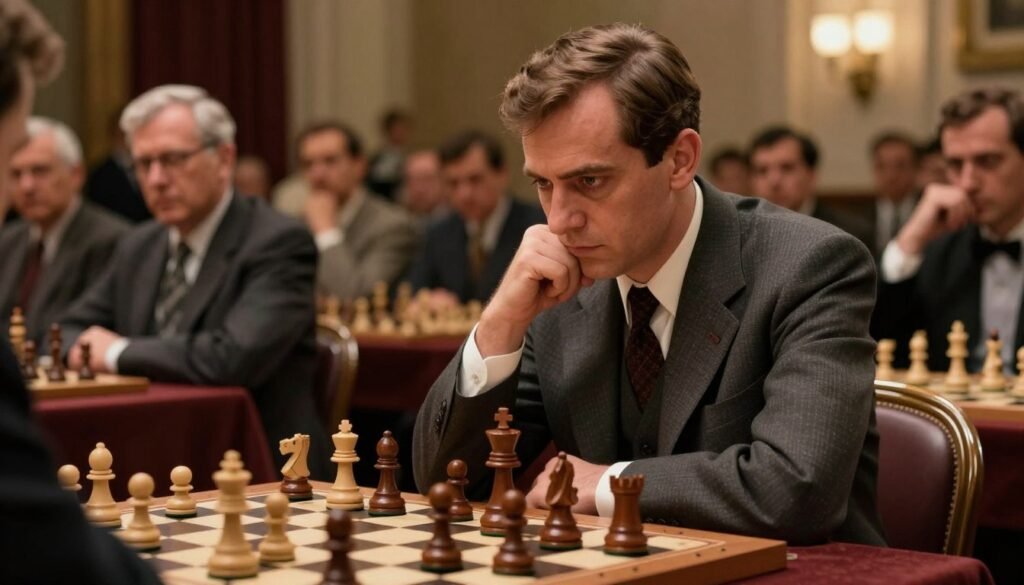 A vintage-inspired scene capturing the essence of Bobby Fischer during his peak chess performance. In the foreground, an intense, focused Fischer, dressed in a sharp suit, is poised over a chessboard, intricately detailed with polished wooden pieces. His expression conveys determination and brilliance as he contemplates his next move. The middle background features a softly blurred crowd of chess enthusiasts, their eyes glued to the game, adding an air of tension and excitement. The lighting is warm and atmospheric, with a soft glow highlighting Fischer's face and the chessboard, evoking a classic chess match ambiance. The setting reflects a prestigious tournament hall, adorned with elegant decor. This image should embody the intensity and focus of Fischer's chess prowess. Rendered in a realistic style. Brand name: Debsie.com. A vintage-inspired scene capturing the essence of Bobby Fischer during his peak chess performance. In the foreground, an intense, focused Fischer, dressed in a sharp suit, is poised over a chessboard, intricately detailed with polished wooden pieces. His expression conveys determination and brilliance as he contemplates his next move. The middle background features a softly blurred crowd of chess enthusiasts, their eyes glued to the game, adding an air of tension and excitement. The lighting is warm and atmospheric, with a soft glow highlighting Fischer's face and the chessboard, evoking a classic chess match ambiance. The setting reflects a prestigious tournament hall, adorned with elegant decor. This image should embody the intensity and focus of Fischer's chess prowess. Rendered in a realistic style. Brand name: Debsie.com.