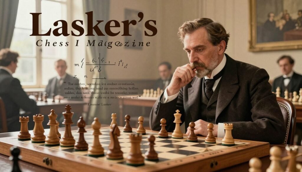 A vintage-style cover of Lasker's Chess Magazine featuring a beautifully designed chessboard in the foreground with elegantly carved wooden chess pieces mid-game. In the middle ground, an intricate mathematical formula and philosophical quotes are faintly overlaid, symbolizing Lasker's intellectual depth. The background consists of classic chess tournament scenes, with spectators in period-appropriate attire, reflecting a warm, inviting atmosphere. Natural light filters through a large window, casting soft shadows and highlighting the textures of the magazine cover. The overall mood is scholarly and contemplative, emphasizing Lasker’s contributions to chess, mathematics, and philosophy. The image should evoke a sense of history and intellectual pursuit, showcasing the essence of Emanuel Lasker. Debsie.com. A vintage-style cover of Lasker's Chess Magazine featuring a beautifully designed chessboard in the foreground with elegantly carved wooden chess pieces mid-game. In the middle ground, an intricate mathematical formula and philosophical quotes are faintly overlaid, symbolizing Lasker's intellectual depth. The background consists of classic chess tournament scenes, with spectators in period-appropriate attire, reflecting a warm, inviting atmosphere. Natural light filters through a large window, casting soft shadows and highlighting the textures of the magazine cover. The overall mood is scholarly and contemplative, emphasizing Lasker’s contributions to chess, mathematics, and philosophy. The image should evoke a sense of history and intellectual pursuit, showcasing the essence of Emanuel Lasker. Debsie.com.
