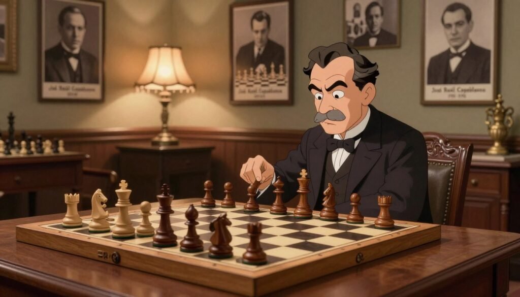 A vintage-styled chessboard set in a softly lit room, surrounded by strategic endgame positions, reflecting the elegance of the game during the early 20th century. In the foreground, an intricately carved wooden chess set with pieces poised in a tense match. The middle ground features a warm, inviting atmosphere with period furniture and a softly glowing antique lamp creating a dramatic effect. In the background, sepia-toned photographs of José Raúl Capablanca surrounded by chess champions and notable matches, symbolizing his unbeaten streak from 1916 to 1924. The overall mood is one of calm intensity and intellectual challenge, evoking the timeless allure of chess. The image should be captured with a soft focus lens to enhance the nostalgic feel. No text, logos, or watermarks, just the chess scene’s elegance portrayed. Image by Debsie.com.