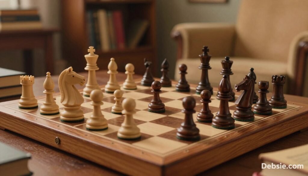 A vintage wooden chessboard layout featuring two classic chess sets, each in mid-game position, symbolizing strategic depth. In the foreground, a close-up of a white knight and a black bishop, both captured in intricate detail, showcasing their polished surfaces, while a gentle light source from the left casts soft shadows, creating depth. The middle ground displays the entire board with distinct strategic formations, highlighting the art of positional chess. In the background, a warm and inviting study environment filled with books and a comfortable armchair, establishing a mood of relaxed concentration. Subtly placed in the corner is the logo of "Debsie.com", ensuring it complements the overall aesthetic without overpowering the chess theme. The atmosphere conveys a sense of calm focus and intellectual engagement, perfect for learning and mastery of positional chess. A vintage wooden chessboard layout featuring two classic chess sets, each in mid-game position, symbolizing strategic depth. In the foreground, a close-up of a white knight and a black bishop, both captured in intricate detail, showcasing their polished surfaces, while a gentle light source from the left casts soft shadows, creating depth. The middle ground displays the entire board with distinct strategic formations, highlighting the art of positional chess. In the background, a warm and inviting study environment filled with books and a comfortable armchair, establishing a mood of relaxed concentration. Subtly placed in the corner is the logo of "Debsie.com", ensuring it complements the overall aesthetic without overpowering the chess theme. The atmosphere conveys a sense of calm focus and intellectual engagement, perfect for learning and mastery of positional chess.
