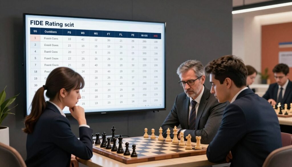 A visually appealing representation of the FIDE rating lists, showcasing a diverse group of top chess players in professional business attire, intensely studying a large, detailed rating chart displayed on a digital screen. The foreground features a young female player contemplating her position, with a middle-aged male player analyzing nearby. In the background, an impressive chessboard with elegantly crafted pieces adds depth. Soft, focused lighting highlights the players' expressions, creating a serious yet collaborative atmosphere as they discuss strategies. The room is modern, with sleek furniture and vibrant decor that reflects the intellectual nature of chess. The overall image conveys focus, dedication, and a sense of ongoing competition, all framed within the context of high-level chess ratings. Include the branding "Debsie.com" discreetly integrated into the scene without distracting from the central focus. A visually appealing representation of the FIDE rating lists, showcasing a diverse group of top chess players in professional business attire, intensely studying a large, detailed rating chart displayed on a digital screen. The foreground features a young female player contemplating her position, with a middle-aged male player analyzing nearby. In the background, an impressive chessboard with elegantly crafted pieces adds depth. Soft, focused lighting highlights the players' expressions, creating a serious yet collaborative atmosphere as they discuss strategies. The room is modern, with sleek furniture and vibrant decor that reflects the intellectual nature of chess. The overall image conveys focus, dedication, and a sense of ongoing competition, all framed within the context of high-level chess ratings. Include the branding "Debsie.com" discreetly integrated into the scene without distracting from the central focus.