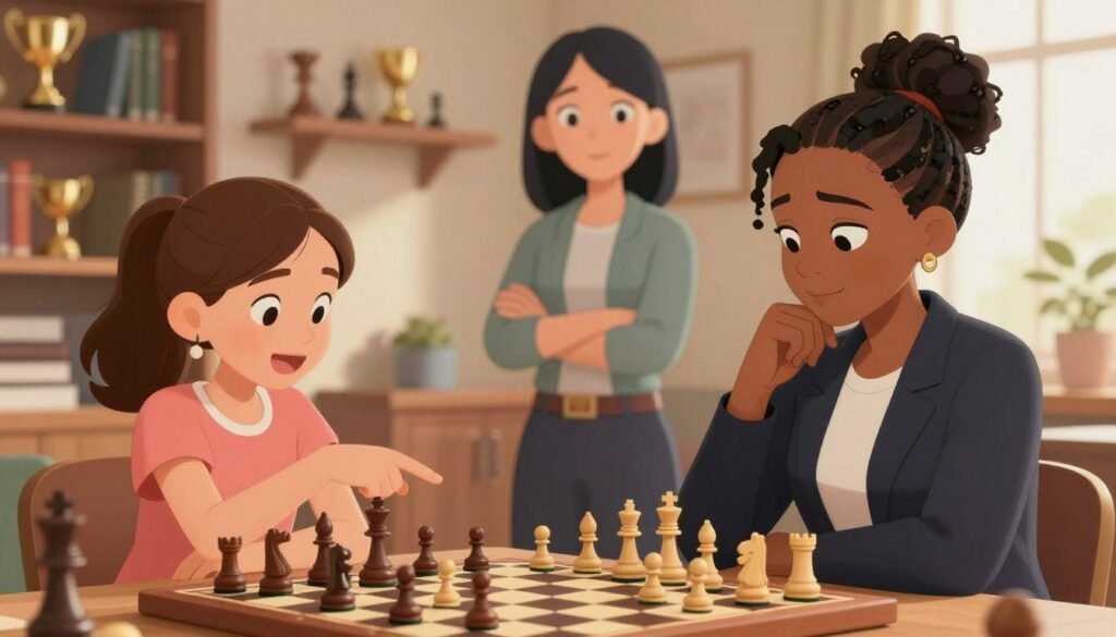 A visually captivating scene featuring three inspiring women chess champions engaged in a friendly match. In the foreground, a middle-aged African American woman in professional attire thoughtfully examines the chessboard, her expression determined yet approachable. Beside her, a young Caucasian girl in casual clothing enthusiastically points to a promising move. In the background, an East Asian woman stands confidently, arms crossed, exuding wisdom and strength. Shelves filled with chess trophies and books line the walls, highlighting their achievements. Soft, warm lighting illuminates the room, creating an inviting atmosphere that encourages learning and teamwork. The composition incorporates a shallow depth of field to focus on the champions, with a gentle bokeh effect in the background. The scene reflects a sense of empowerment and camaraderie in the world of chess, suitable for a family-friendly audience. Debsie.com.