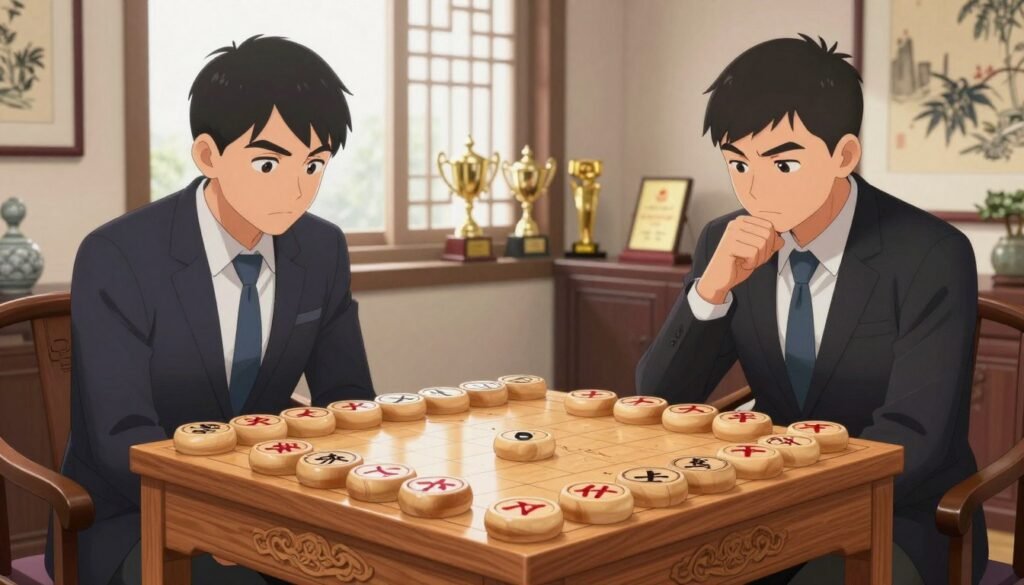 A visually captivating scene of a Chinese chess match in progress, set in a well-lit, serene room. In the foreground, a traditional Chinese chessboard made of exquisite wood, with intricately carved pieces artfully arranged, reflecting the intensity of the game. The players, two Asian men dressed in professional business attire, are deeply focused, their expressions revealing strategic contemplation. In the middle ground, a window provides soft, natural light, subtly illuminating the scene, while a few trophies and awards sit on a nearby shelf, hinting at past victories. The background displays traditional Chinese artwork, enhancing the cultural ambiance. The overall atmosphere is one of concentration and competitive spirit, showcasing the beauty and intensity of Chinese chess. Debsie.com logo subtly visible.