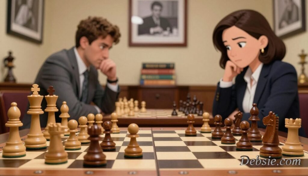 A visually compelling chessboard scene capturing the essence of strategic play and iconic games. In the foreground, a close-up of a beautifully crafted wooden chess set, intricately designed pieces showcasing a king and queen poised in a tense moment. The middle ground features a blurred view of a chess match in progress, with two players in professional attire intensely focused, their expressions reflecting deep concentration and thought. The background includes a softly lit room adorned with chess memorabilia, such as framed black-and-white photos of legendary games and books on strategy. The lighting is warm and inviting, creating an atmosphere of intellectual pursuit. The overall mood is motivational, celebrating the art of chess and the legacy of Susan Polgar. This image is presented with the brand name "Debsie.com".