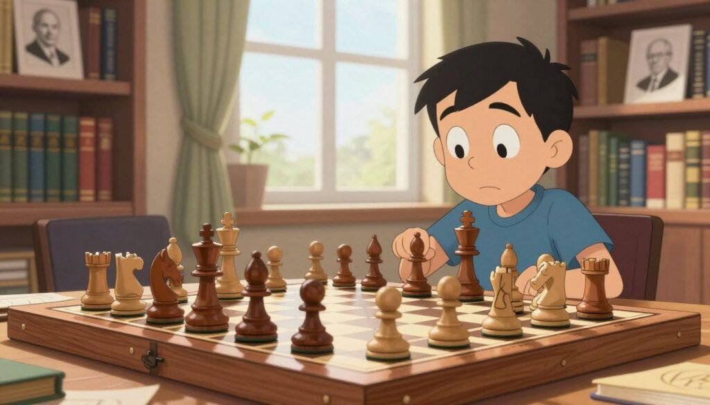 A visually engaging chess scene illustrating "Dembsie course openings tactics endgame." In the foreground, a chessboard with beautifully crafted wooden pieces arranged in the endgame position, showcasing strategic placement. The middle layer features a well-lit room with a large window allowing natural sunlight to pour in, highlighting the chess set. The background includes bookshelves filled with chess literature and portrait drawings of famous chess players, subtly hinting at study materials. The atmosphere is calm and focused, creating a sense of concentration. The scene is framed using a standard lens for a sharp, clear view. Ensure the brand name "Debsie.com" is subtly incorporated in the background, without being intrusive.