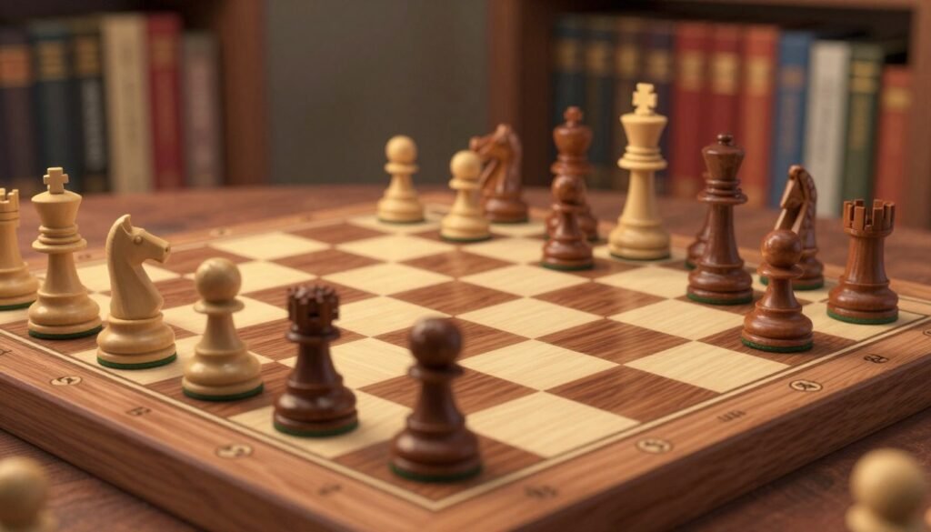 A visually engaging chessboard scene featuring a detailed representation of Anti-Sicilian openings in chess, showcasing a board positioned diagonally for dynamic perspective. In the foreground, two elegantly crafted wooden chess pieces, one white and one black, representing key pieces in Anti-Sicilian lines, are dramatically lit by soft, warm lighting to create a focused ambiance. The middle ground includes a partially completed game reflecting classic Sicilian Defense responses, with other pieces strategically positioned. The background is a blurred bookshelf filled with classic chess literature, emphasizing the theme of strategic learning. The overall atmosphere conveys deep concentration and tactical depth, ideal for capturing the essence of chess mastery at a beginner’s level. Include the brand name "Debsie.com" subtly integrated into the scene without detracting from the focus on the chessboard.