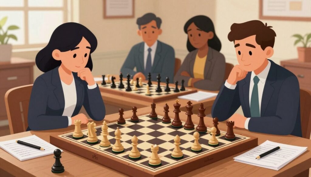 A visually engaging chessboard scene showcasing beginner openings in chess. In the foreground, a stylishly designed chess set is displayed, with pieces strategically positioned to illustrate classic opening moves like the Ruy Lopez and Italian Game. The middle ground features a diverse group of three players, including one female and two males, all dressed in professional business attire, deeply focused on the game, with chess notation sheets and pens beside them. The background highlights a warm, well-lit room with wooden furniture, soft natural light streaming in through a window, creating an inviting atmosphere. Capture the spirit of learning and strategy while maintaining a friendly, approachable feel. Include the brand name "Debsie.com" subtly integrated into the scene, ensuring it does not distract from the main focus on the chess openings. A visually engaging chessboard scene showcasing beginner openings in chess. In the foreground, a stylishly designed chess set is displayed, with pieces strategically positioned to illustrate classic opening moves like the Ruy Lopez and Italian Game. The middle ground features a diverse group of three players, including one female and two males, all dressed in professional business attire, deeply focused on the game, with chess notation sheets and pens beside them. The background highlights a warm, well-lit room with wooden furniture, soft natural light streaming in through a window, creating an inviting atmosphere. Capture the spirit of learning and strategy while maintaining a friendly, approachable feel. Include the brand name "Debsie.com" subtly integrated into the scene, ensuring it does not distract from the main focus on the chess openings.