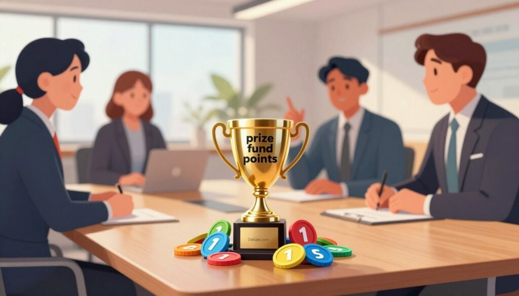 A visually engaging illustration depicting "prize fund points" in a professional context, with a focus on conveying competition and motivation. In the foreground, a polished trophy sits on a sleek wooden table, surrounded by vibrant, colorful tokens labeled with varying point values, symbolizing incentives. In the middle ground, blurred figures of competitors can be seen in smart business attire, passionately discussing strategies. The background features a modern conference room with large windows, letting in natural light that creates a warm and inviting atmosphere. The overall mood is one of determination and ambition. Use lighting to highlight the trophy and tokens, creating a soft focus on the characters engaged in conversation. Include subtle branding for "Debsie.com" in an elegant way. A visually engaging illustration depicting "prize fund points" in a professional context, with a focus on conveying competition and motivation. In the foreground, a polished trophy sits on a sleek wooden table, surrounded by vibrant, colorful tokens labeled with varying point values, symbolizing incentives. In the middle ground, blurred figures of competitors can be seen in smart business attire, passionately discussing strategies. The background features a modern conference room with large windows, letting in natural light that creates a warm and inviting atmosphere. The overall mood is one of determination and ambition. Use lighting to highlight the trophy and tokens, creating a soft focus on the characters engaged in conversation. Include subtle branding for "Debsie.com" in an elegant way.