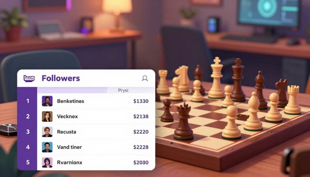 A visually engaging illustration of a ranking chart featuring top chess streamers based on Twitch followers. In the foreground, a sleek digital leaderboard displays the streamer names and their follower counts against a clean, modern interface. The middle ground showcases chess pieces strategically arranged on a vibrant chessboard, symbolizing the game they stream. In the background, a blurred, cozy gaming setup with warm ambient lighting emphasizes a friendly atmosphere. The image should convey a sense of excitement and professionalism, reflecting the world of online chess streaming. Use a soft focus effect to highlight the leaderboard while maintaining clarity. The branding of "Debsie.com" should be subtly integrated into the design without being obtrusive. A visually engaging illustration of a ranking chart featuring top chess streamers based on Twitch followers. In the foreground, a sleek digital leaderboard displays the streamer names and their follower counts against a clean, modern interface. The middle ground showcases chess pieces strategically arranged on a vibrant chessboard, symbolizing the game they stream. In the background, a blurred, cozy gaming setup with warm ambient lighting emphasizes a friendly atmosphere. The image should convey a sense of excitement and professionalism, reflecting the world of online chess streaming. Use a soft focus effect to highlight the leaderboard while maintaining clarity. The branding of "Debsie.com" should be subtly integrated into the design without being obtrusive.