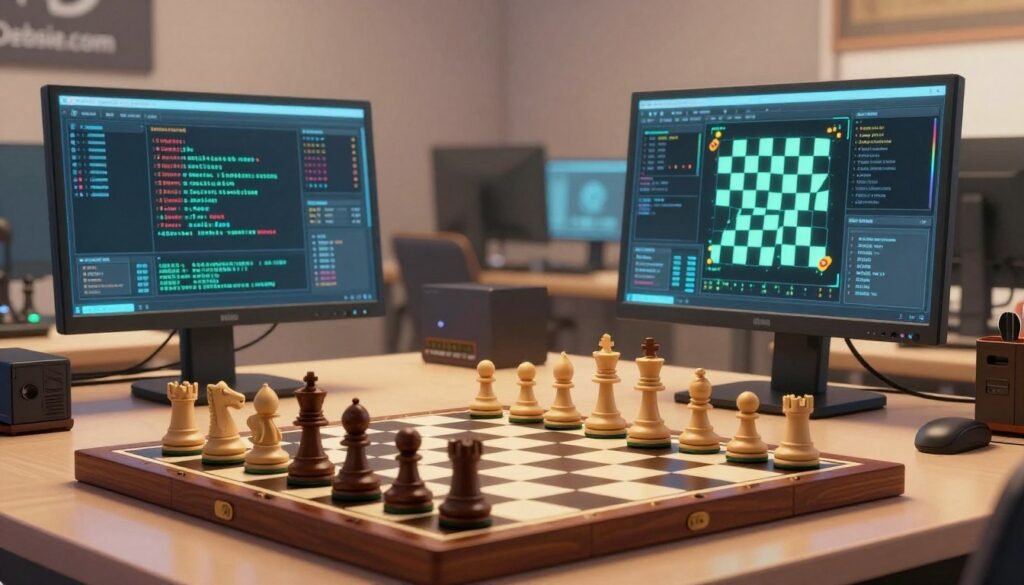 A visually striking and detailed scene focusing on the top chess engines represented as sleek and modern computer systems, showcasing their cutting-edge technology. In the foreground, depict an elegant chessboard with intricately carved pieces in a dynamic arrangement, symbolizing strategic depth. The middle ground features high-tech computer screens displaying complex chess algorithms and game analyses, with a soft glow highlighting their screens. In the background, a minimalist office setting exudes a professional atmosphere, with warm, ambient lighting to enhance the focus on the chess engines. The overall mood should be intellectual and sophisticated, embodying the strategic nature of chess. The brand name "Debsie.com" subtly incorporated into the design, reflecting a commitment to excellence in chess computing. A visually striking and detailed scene focusing on the top chess engines represented as sleek and modern computer systems, showcasing their cutting-edge technology. In the foreground, depict an elegant chessboard with intricately carved pieces in a dynamic arrangement, symbolizing strategic depth. The middle ground features high-tech computer screens displaying complex chess algorithms and game analyses, with a soft glow highlighting their screens. In the background, a minimalist office setting exudes a professional atmosphere, with warm, ambient lighting to enhance the focus on the chess engines. The overall mood should be intellectual and sophisticated, embodying the strategic nature of chess. The brand name "Debsie.com" subtly incorporated into the design, reflecting a commitment to excellence in chess computing.