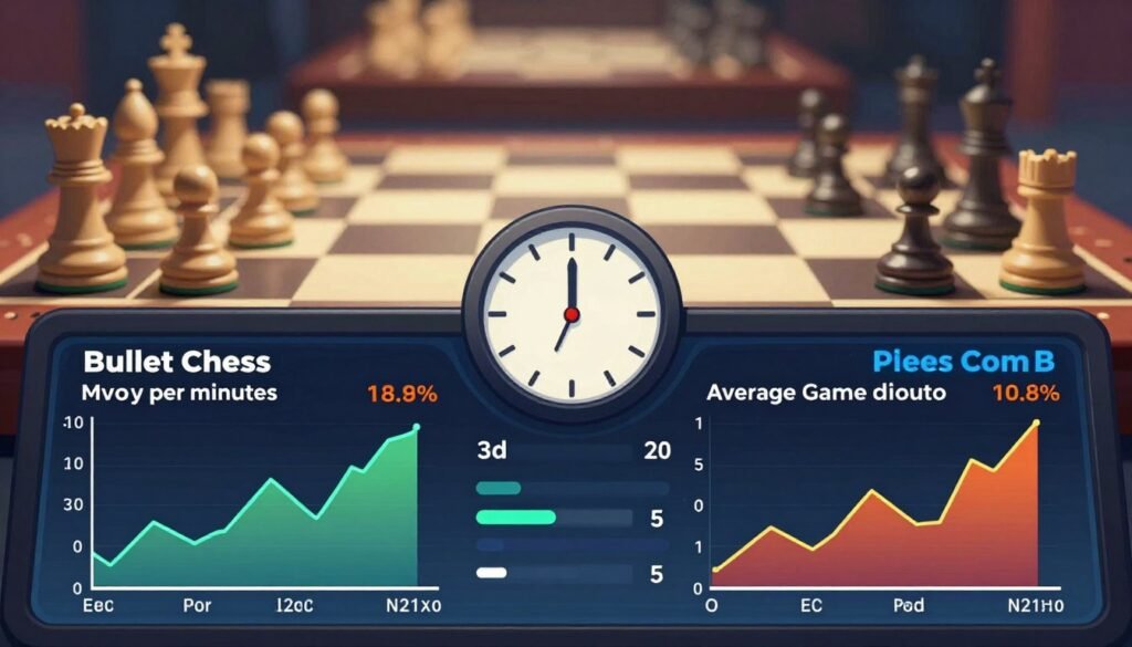 A visually striking illustration of speed metrics in chess, showcasing a sleek digital dashboard design. The foreground features dynamic graphs representing bullet chess player stats, such as moves per minute and average game duration, with vibrant colors and fluctuating lines indicating speed and intensity. In the middle, a stylized chess clock ticks down, emphasizing the urgency of one-minute matches. The background is a blurred chessboard with fast-moving pieces captured in an action blur, symbolizing rapid gameplay. The lighting is bright and dramatic, using a shallow depth of field to focus on the metrics while softly illuminating the chessboard. Overall, create a sense of high stakes and excitement in this fast-paced environment, seamlessly branded with "Debsie.com" for a professional touch. A visually striking illustration of speed metrics in chess, showcasing a sleek digital dashboard design. The foreground features dynamic graphs representing bullet chess player stats, such as moves per minute and average game duration, with vibrant colors and fluctuating lines indicating speed and intensity. In the middle, a stylized chess clock ticks down, emphasizing the urgency of one-minute matches. The background is a blurred chessboard with fast-moving pieces captured in an action blur, symbolizing rapid gameplay. The lighting is bright and dramatic, using a shallow depth of field to focus on the metrics while softly illuminating the chessboard. Overall, create a sense of high stakes and excitement in this fast-paced environment, seamlessly branded with "Debsie.com" for a professional touch.