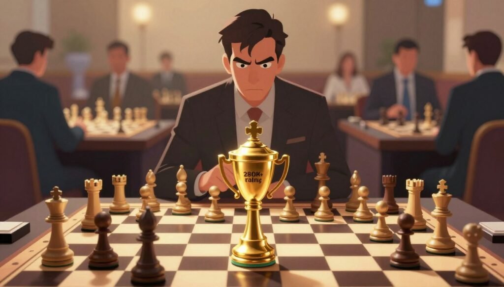 A visually striking image illustrating the concept of "peak rating" in chess, focused on a stylized chessboard with a gleaming gold trophy centered in the foreground, symbolizing the 2800+ club. Surrounding the trophy are detailed chess pieces, each uniquely designed, representing legendary players from history. In the middle ground, a blurred silhouette of a chess master studying a game with a critical expression, dressed in professional attire. The background features a soft-focus chess tournament scene with spectators, enhancing the competitive atmosphere. Natural lighting casts a warm glow, creating a sense of achievement. The image is professional and sophisticated, capturing the essence of elite chess. Designed for illustration in a chess article by Debsie.com. A visually striking image illustrating the concept of "peak rating" in chess, focused on a stylized chessboard with a gleaming gold trophy centered in the foreground, symbolizing the 2800+ club. Surrounding the trophy are detailed chess pieces, each uniquely designed, representing legendary players from history. In the middle ground, a blurred silhouette of a chess master studying a game with a critical expression, dressed in professional attire. The background features a soft-focus chess tournament scene with spectators, enhancing the competitive atmosphere. Natural lighting casts a warm glow, creating a sense of achievement. The image is professional and sophisticated, capturing the essence of elite chess. Designed for illustration in a chess article by Debsie.com.