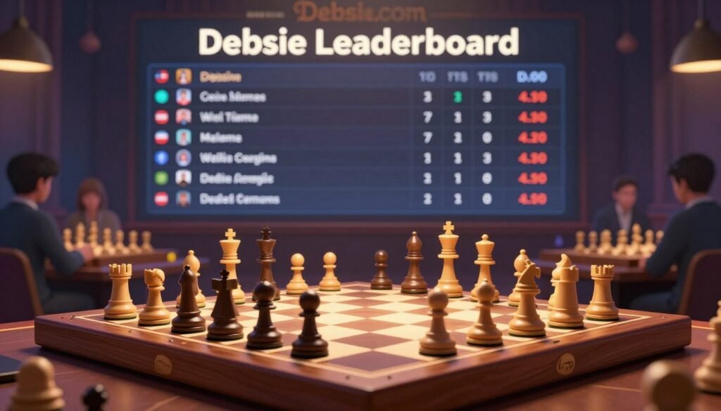 A visually striking image of the "Debsie Leaderboard" designed for a chess community. In the foreground, a sleek and modern wooden chessboard, illuminated by soft, warm lighting, showcases chess pieces in mid-game. Each piece represents a different chess player, crafted with intricate details to reflect their unique styles. The middle ground features an elegant digital leaderboard display, projecting player names and ratings against a subtle backdrop of a prestigious chess tournament venue. The background reveals blurred silhouettes of chess enthusiasts observing the game, creating a dynamic and engaging atmosphere. The overall mood is one of professionalism and focus, encapsulating the essence of competition and improvement in chess. Prominently include the text "Debsie.com" integrated into the design of the leaderboard. A visually striking image of the "Debsie Leaderboard" designed for a chess community. In the foreground, a sleek and modern wooden chessboard, illuminated by soft, warm lighting, showcases chess pieces in mid-game. Each piece represents a different chess player, crafted with intricate details to reflect their unique styles. The middle ground features an elegant digital leaderboard display, projecting player names and ratings against a subtle backdrop of a prestigious chess tournament venue. The background reveals blurred silhouettes of chess enthusiasts observing the game, creating a dynamic and engaging atmosphere. The overall mood is one of professionalism and focus, encapsulating the essence of competition and improvement in chess. Prominently include the text "Debsie.com" integrated into the design of the leaderboard.