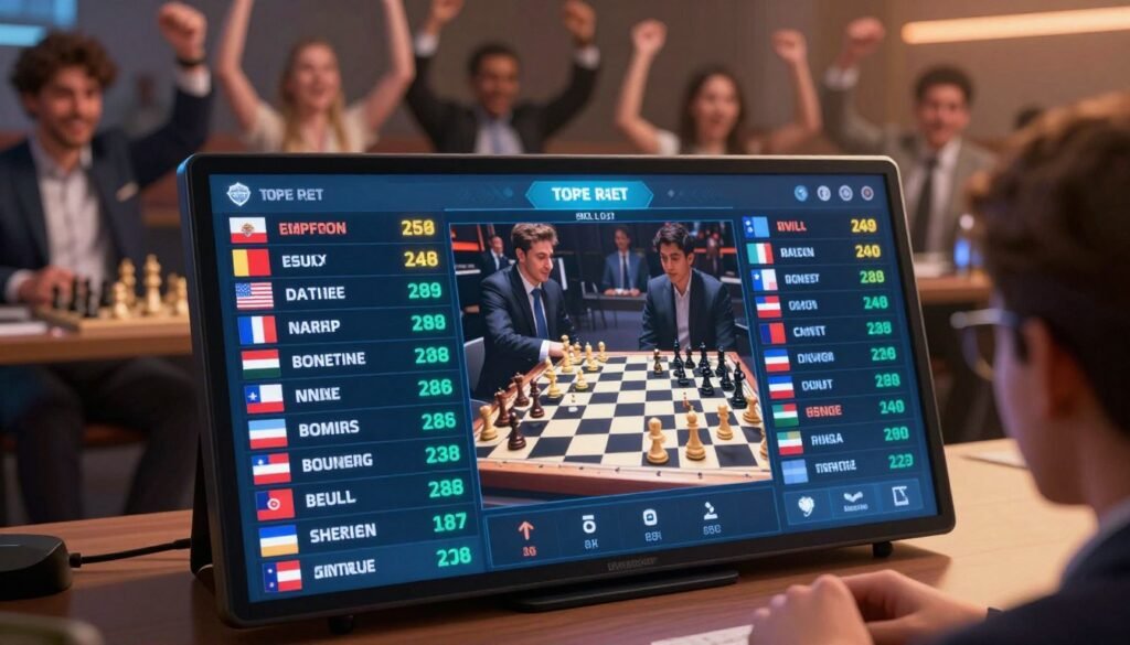 A visually striking rating snapshot centered around a sleek digital display featuring chess player ratings. In the foreground, the digital leaderboard showcases top-rated players, with their names, scores, and national flags illuminated in bright, contrasting colors. The middle layer incorporates a blurred chessboard with pieces mid-game, emphasizing strategic intensity. In the background, a dynamic audience cheerfully watches, dressed in professional business attire, adding a sense of excitement. Soft, ambient lighting creates a warm atmosphere, reminiscent of a live chess tournament. The angle captures a slight overhead view, ensuring the digital leaderboard stands out prominently. The overall mood is one of anticipation and admiration for emerging talent in the chess world, incorporating the brand "Debsie.com" subtly into the design without text overlays. A visually striking rating snapshot centered around a sleek digital display featuring chess player ratings. In the foreground, the digital leaderboard showcases top-rated players, with their names, scores, and national flags illuminated in bright, contrasting colors. The middle layer incorporates a blurred chessboard with pieces mid-game, emphasizing strategic intensity. In the background, a dynamic audience cheerfully watches, dressed in professional business attire, adding a sense of excitement. Soft, ambient lighting creates a warm atmosphere, reminiscent of a live chess tournament. The angle captures a slight overhead view, ensuring the digital leaderboard stands out prominently. The overall mood is one of anticipation and admiration for emerging talent in the chess world, incorporating the brand "Debsie.com" subtly into the design without text overlays.
