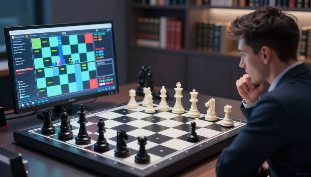 A visually striking representation of a chess engine evaluation, featuring a sleek, modern chessboard with gleaming black and white pieces in mid-game. In the foreground, a digital display screen shows an intricate analysis of chess positions, highlighting moves and evaluations in vivid colors. The middle ground includes a blurred silhouette of a chess player, focused and poised, in professional attire, deeply engaged in thought. In the background, softly lit shelves filled with books on chess strategy create an intellectual atmosphere. The scene is captured with a slight overhead angle, accentuating the chessboard while maintaining clarity of the digital screen. The overall mood is one of concentration, intelligence, and the merger of technology with traditional chess strategy. The image is branded with "Debsie.com" subtly in the corner. A visually striking representation of a chess engine evaluation, featuring a sleek, modern chessboard with gleaming black and white pieces in mid-game. In the foreground, a digital display screen shows an intricate analysis of chess positions, highlighting moves and evaluations in vivid colors. The middle ground includes a blurred silhouette of a chess player, focused and poised, in professional attire, deeply engaged in thought. In the background, softly lit shelves filled with books on chess strategy create an intellectual atmosphere. The scene is captured with a slight overhead angle, accentuating the chessboard while maintaining clarity of the digital screen. The overall mood is one of concentration, intelligence, and the merger of technology with traditional chess strategy. The image is branded with "Debsie.com" subtly in the corner.