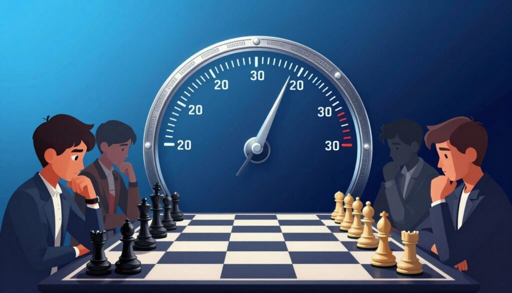 A visually striking representation of chess progress tracking, featuring a modern, sleek progress chart against a gradient background, transitioning from light blue at the top to deep navy at the bottom. In the foreground, a metallic rating gauge with a needle indicating a high score, elegantly designed with intricate chess motifs around it. To the sides, the silhouettes of top 100 junior chess players, engaged in thoughtful play, wearing smart casual attire. In the background, a subtle chessboard pattern, adding depth, with soft lighting highlighting the rating gauge and players, creating a contemplative and inspiring atmosphere. Overall, the image should convey a sense of growth, competition, and aspiration. Designed for Debsie.com.