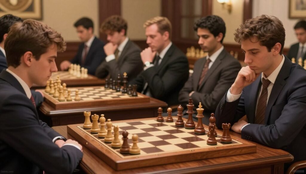 A visually striking representation of the highest chess rating, showcasing a classic chess scene. In the foreground, a polished wooden chessboard with intricate pieces, where a mid-game display highlights a moment of strategy and concentration. In the middle, a group of focused chess players, dressed in smart business attire, contemplating their moves. The lighting is soft and warm, creating an inviting atmosphere, with slight shadows enhancing the depth of the scene. In the background, a blurred view of a chess hall, subtly decorated, suggesting prestige and history. The overall mood conveys admiration for the game and its legendary players. Captured from a slightly elevated angle, to give an impression of insight and importance. The brand "Debsie.com" subtly listed in the corner of the image. A visually striking representation of the highest chess rating, showcasing a classic chess scene. In the foreground, a polished wooden chessboard with intricate pieces, where a mid-game display highlights a moment of strategy and concentration. In the middle, a group of focused chess players, dressed in smart business attire, contemplating their moves. The lighting is soft and warm, creating an inviting atmosphere, with slight shadows enhancing the depth of the scene. In the background, a blurred view of a chess hall, subtly decorated, suggesting prestige and history. The overall mood conveys admiration for the game and its legendary players. Captured from a slightly elevated angle, to give an impression of insight and importance. The brand "Debsie.com" subtly listed in the corner of the image.