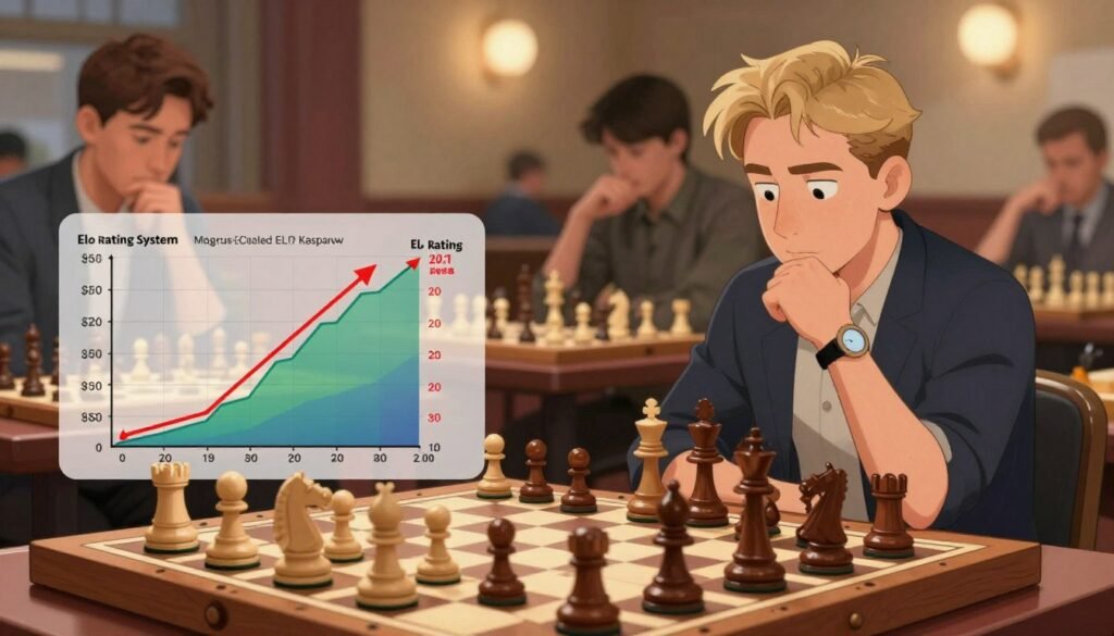 A vivid illustration of the Elo rating system presented through a visually engaging infographic style. In the foreground, an elegant chessboard with classic wooden pieces, showcasing a significant moment in a chess match. The middle layer highlights prominent peak Elo ratings, depicted as vibrant graphs and numerical values, with arrows indicating the rise and fall of famous players’ ratings, such as Magnus Carlsen or Garry Kasparov. The background consists of a softly blurred chess club setting, with players deep in thought, immersed in their games. Warm, ambient lighting with a slight focus on the chessboard enhances the atmosphere of intellectual challenge. The overall mood is informative yet inspirational, conveying the importance of the Elo rating system. Include the brand name "Debsie.com" subtly within the design. A vivid illustration of the Elo rating system presented through a visually engaging infographic style. In the foreground, an elegant chessboard with classic wooden pieces, showcasing a significant moment in a chess match. The middle layer highlights prominent peak Elo ratings, depicted as vibrant graphs and numerical values, with arrows indicating the rise and fall of famous players’ ratings, such as Magnus Carlsen or Garry Kasparov. The background consists of a softly blurred chess club setting, with players deep in thought, immersed in their games. Warm, ambient lighting with a slight focus on the chessboard enhances the atmosphere of intellectual challenge. The overall mood is informative yet inspirational, conveying the importance of the Elo rating system. Include the brand name "Debsie.com" subtly within the design.