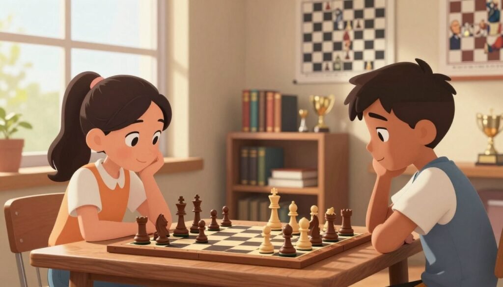 A warm, inviting chess study space, with a beautiful wooden chessboard set up for a match. In the foreground, two individuals—a young girl and a young boy—are deeply engaged in a game, analyzing the board with thoughtful expressions. Both are dressed in smart-casual clothing to reflect a friendly learning environment. In the middle ground, a large window brightens the room with natural sunlight, illuminating a shelf filled with chess books and trophies to inspire young players. The background features a wall adorned with classic chess posters depicting famous positional masters, creating an educational atmosphere. The overall mood is focused yet friendly, embodying the excitement of learning and strategic thinking. This image is crafted for Debsie.com.