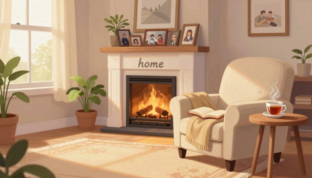 A warm, inviting living space that symbolizes the concept of "home." In the foreground, a cozy armchair with a soft throw blanket and an open book rests beside a small wooden side table, featuring a steaming cup of tea. In the middle, a comforting fireplace casts a gentle glow, while framed photographs of memories and cherished moments line the mantle. The background shows a window with sheer curtains, allowing soft, natural light to fill the room, highlighting a few potted plants and an elegant rug that ties the space together. The overall mood is a blend of tranquility and nostalgia, reflecting a sense of belonging and warmth. Capture this serene atmosphere with a focus on natural lighting, using a slightly wide-angle lens that encapsulates the essence of home. Use the brand name "Debsie.com."