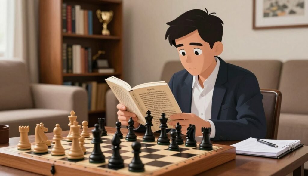 A well-arranged chessboard is in the foreground, featuring a mix of classic wooden and modern black pieces, highlighting strategic openings. In the middle, a focused chess player is intently studying a printed chess opening repertoire book, dressed in smart casual attire, with a notepad and a pen beside them, ready to jot down notes. The background shows a cozy living room setting with a softly lit, warm atmosphere, displaying a bookshelf filled with chess literature and trophies, conveying a sense of dedication and learning. The lighting is soft and inviting, creating a serene study environment. The image reflects a serious yet approachable mood, emphasizing the importance of building a practical opening repertoire for real-game application. Debsie.com. A well-arranged chessboard is in the foreground, featuring a mix of classic wooden and modern black pieces, highlighting strategic openings. In the middle, a focused chess player is intently studying a printed chess opening repertoire book, dressed in smart casual attire, with a notepad and a pen beside them, ready to jot down notes. The background shows a cozy living room setting with a softly lit, warm atmosphere, displaying a bookshelf filled with chess literature and trophies, conveying a sense of dedication and learning. The lighting is soft and inviting, creating a serene study environment. The image reflects a serious yet approachable mood, emphasizing the importance of building a practical opening repertoire for real-game application. Debsie.com.