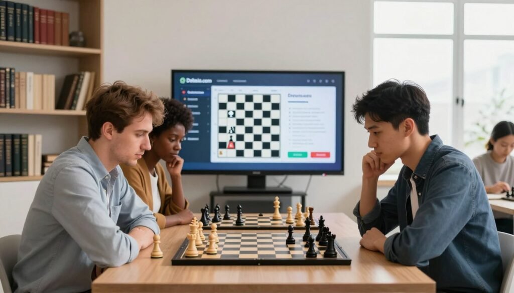 A well-lit, focused chess training scene in a modern, minimalist room. In the foreground, a diverse group of three individuals (one Caucasian male, one Black female, and one Asian male) are intensely studying a chessboard, analyzing positions with focused expressions. They are dressed in casual business attire, reflecting a professional yet approachable atmosphere. The middle ground features a large screen displaying chess strategies and interactive practice tools from Debsie.com, promoting gamified learning. The background shows shelves filled with books about chess history and famous rivalries, softly illuminated by natural light streaming in through a large window. The mood is collaborative and thoughtful, emphasizing the dedication to mastering chess.