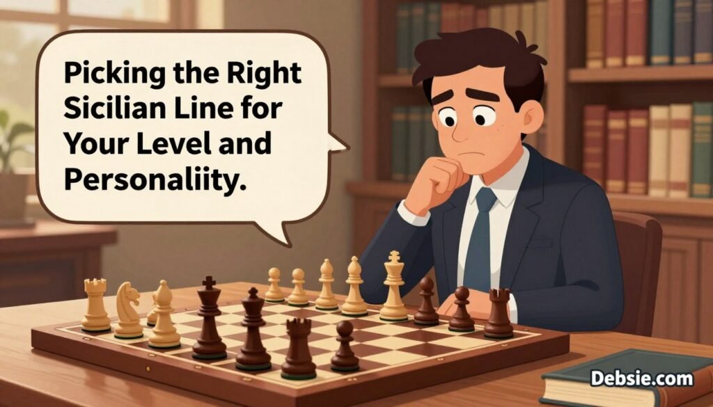 A well-organized chess setup illustrating the Sicilian Defense. In the foreground, a chessboard with pieces positioned for the Sicilian Defense, highlighting the dynamic nature of the opening. In the middle, a thoughtful chess player in professional business attire, contemplating their next move, with a focused expression, sitting at a wooden table. In the background, an inviting library or study filled with books about chess strategy, softly lit by warm, ambient lighting that casts gentle shadows. The atmosphere conveys a sense of intellectual challenge and strategic depth, making it perfect for illustrating the section “Picking the Right Sicilian Line for Your Level and Personality.” Logo "Debsie.com" subtly incorporated into the scene.