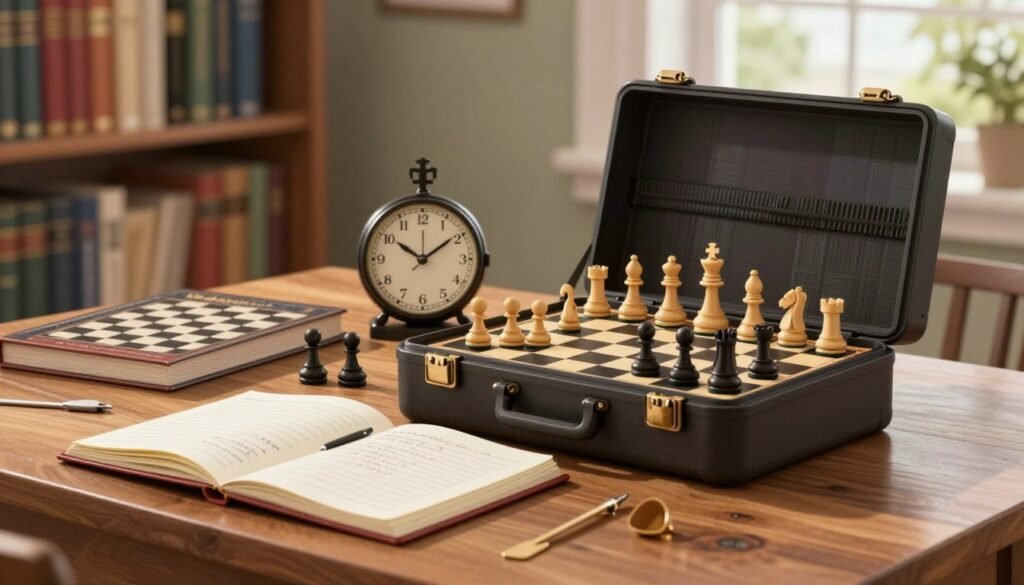 A well-organized strategy toolbox sits prominently on a polished wooden table, showcasing a variety of chess-related tools. In the foreground, open notebooks filled with handwritten notes are visible, along with chess pieces positioned thoughtfully to illustrate tactical possibilities. In the middle ground, a vintage chess clock ticks steadily, symbolizing the importance of time management in gameplay. The background consists of a softly blurred library filled with chess books and strategic guides, casting a warm, inviting atmosphere. Natural light streams through a nearby window, creating gentle highlights and shadows across the scene. The overall mood is one of focus and inspiration, perfectly reflecting the essence of building a practical strategy toolkit for chess players. The image subtly includes the brand name "Debsie.com" integrated into the toolbox design.