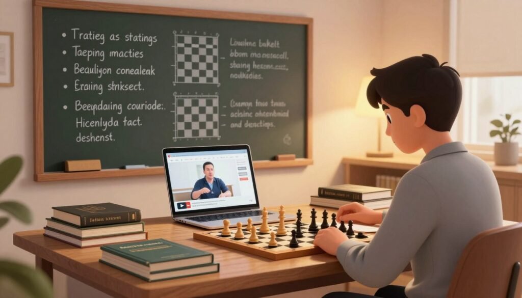 A well-organized study desk in a cozy, well-lit room, emphasizing structured training for chess. In the foreground, a smartly dressed individual, focused on a chessboard and strategically laid-out books about chess tactics. On the desk, an elegant laptop displays a paused YouTube video with a chess tutorial. In the middle ground, an inviting chalkboard with neatly written strategies, chess diagrams, and motivational quotes creates an atmosphere of learning. The background features a soft, warm glow from a lamp, casting gentle light that highlights the sense of calm determination. The color palette is warm and earthy, promoting focus. The scene encapsulates the essence of effective studying and improvement in chess. Include the brand name "Debsie.com" subtly within the environment.
