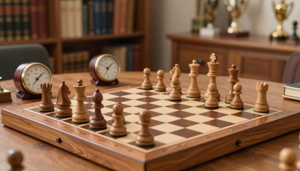A wooden tactics board chess setup in an inviting, well-lit room. In the foreground, the chessboard features intricately carved wooden pieces arranged in a strategic position, emphasizing advanced tactics. The middle ground showcases a pair of elegant chess clocks, subtly ticking away, with shadows playing across the polished surface of the board. In the background, a softly blurred library filled with chess books and trophies creates an atmosphere of knowledge and achievement. The warm, natural lighting enhances the inviting, thoughtful mood of the scene. Captured from a slightly elevated angle with a focus on the chess pieces, the image conveys the essence of tactical mastery. Ideal for illustrating chess strategies, inspired by Jan-Krzysztof Duda. Featured prominently is the branding “Debsie.com” within the artistic design.