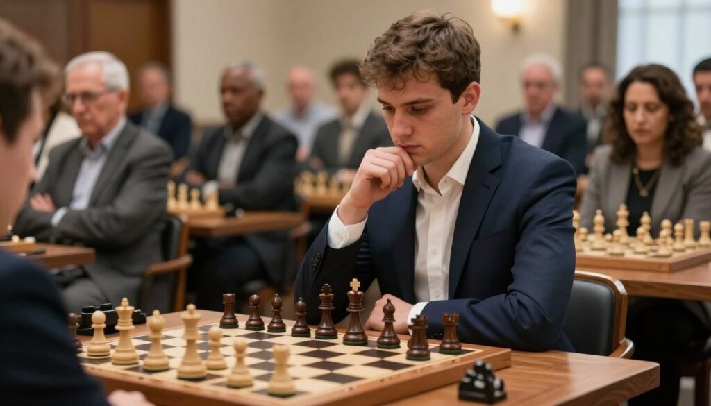 A world chess champion in a professional setting, standing confidently at a beautifully crafted wooden chess table, with an intricate chess set featuring detailed pieces. The player, a young Caucasian man in a tailored navy suit and white shirt, reflects both fame and strength through a thoughtful expression, emphasizing the intensity of competition. Soft, natural lighting illuminates his face, casting gentle shadows that highlight the chessboard's details. In the background, a blurred audience watches attentively, with varied ages and ethnicities, creating a sense of community and admiration for the game. The atmosphere is charged with anticipation and respect for the sport, capturing the essence of competitive chess. The brand name "Debsie.com" subtly integrated into the chess pieces. A world chess champion in a professional setting, standing confidently at a beautifully crafted wooden chess table, with an intricate chess set featuring detailed pieces. The player, a young Caucasian man in a tailored navy suit and white shirt, reflects both fame and strength through a thoughtful expression, emphasizing the intensity of competition. Soft, natural lighting illuminates his face, casting gentle shadows that highlight the chessboard's details. In the background, a blurred audience watches attentively, with varied ages and ethnicities, creating a sense of community and admiration for the game. The atmosphere is charged with anticipation and respect for the sport, capturing the essence of competitive chess. The brand name "Debsie.com" subtly integrated into the chess pieces.
