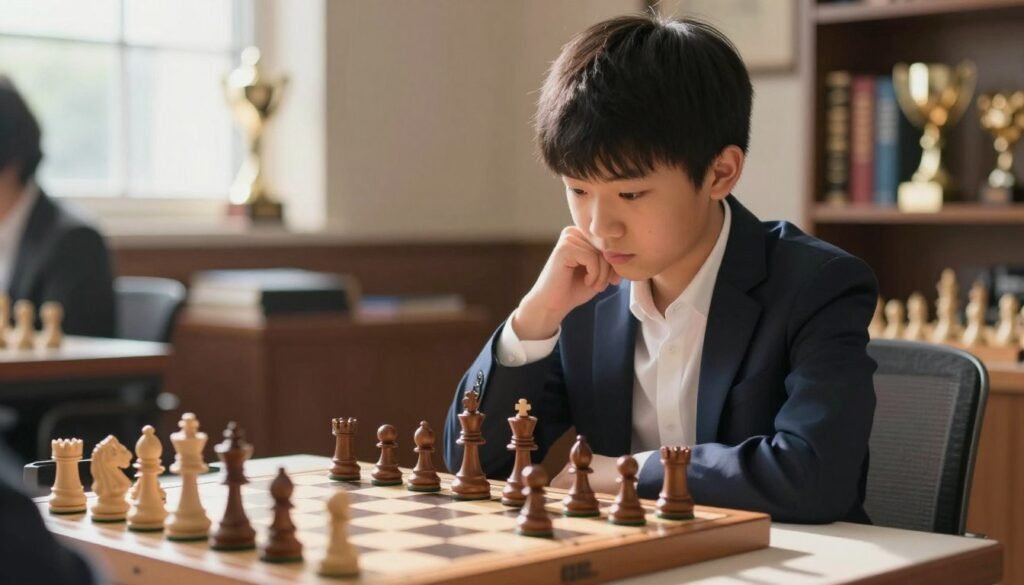 A young Asian male chess player, Wei Yi, with a focused expression, is seated at a chess table deep in thought, pondering his next move. He has short black hair and is dressed in a smart-casual outfit—an elegant blazer paired with a crisp white shirt. The foreground features the intricately detailed chess pieces, while the middle layer showcases a chessboard in a soft light, casting shadows that highlight the intensity of the game. In the background, a blurred room filled with books and trophies symbolizes his journey to becoming an elite Grandmaster. Natural daylight streams through a window, creating a warm and inspiring atmosphere. The image encapsulates the determination and quiet strength that defines Wei Yi's rise in the chess world. This image is intended for Debsie.com. A young Asian male chess player, Wei Yi, with a focused expression, is seated at a chess table deep in thought, pondering his next move. He has short black hair and is dressed in a smart-casual outfit—an elegant blazer paired with a crisp white shirt. The foreground features the intricately detailed chess pieces, while the middle layer showcases a chessboard in a soft light, casting shadows that highlight the intensity of the game. In the background, a blurred room filled with books and trophies symbolizes his journey to becoming an elite Grandmaster. Natural daylight streams through a window, creating a warm and inspiring atmosphere. The image encapsulates the determination and quiet strength that defines Wei Yi's rise in the chess world. This image is intended for Debsie.com.
