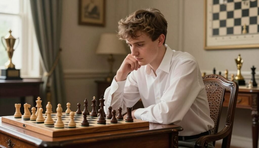 A young Bobby Fischer, the youngest chess grandmaster in history, seated at an elegantly crafted wooden chess table, intensely focused on his game. He is dressed in a classic, modest button-up shirt and tailored trousers, embodying a sense of professionalism. His tousled hair adds a youthful charm as he contemplates his next move, with a chessboard set before him featuring iconic pieces mid-game. The setting is a warmly lit, cozy room adorned with chess trophies in the background and faint chess diagrams on the walls, creating an atmosphere of strategic brilliance. Soft natural light filters in through a window, highlighting Fischer’s thoughtful expression, while a subtle depth of field blurs the background. The image conveys a sense of legacy and determination, perfect for highlighting Fischer's record-breaking achievement. Created by Debsie.com.