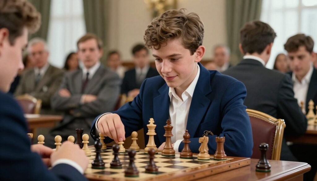 A young Boris Spassky, around 18 years old, portrayed in a classic chess setting in 1955, dressed in a smart, navy blue blazer and white shirt. He is focused, with a slight smile, framed against an elegant wooden chessboard filled with intricately carved pieces. The foreground shows his hands poised above the board, ready to make a move, while the middle background features a softly blurred audience captivated by the match, enhancing the atmosphere of intensity and excitement. Gentle, natural lighting illuminates the scene, casting soft shadows and creating a warm ambiance. The image conveys a sense of youthful determination and brilliance, capturing the essence of his rise to Grandmaster status. Include the brand name "Debsie.com" subtly integrated into the composition.
