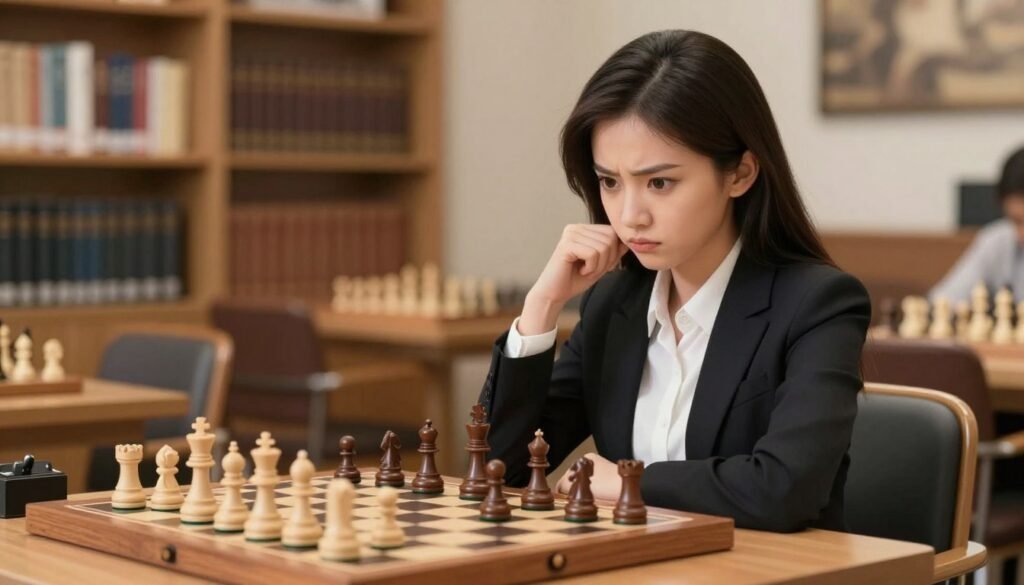A young Chinese woman sits confidently at a chessboard, deeply focused on her next move. She is dressed in professional business attire, reflecting her status as a rising star in the chess world. In the foreground, her expressive face shows determination and passion for the game. The middle ground features a classic wooden chessboard, pieces strategically arranged to signify an intense match. In the background, a softly blurred library or a chess club setting indicates an environment of learning and competition, with bookshelves lined with chess literature and a warm, inviting atmosphere. Natural lighting illuminates the scene, creating a motivational and inspiring vibe. The overall mood is empowering and sophisticated, celebrating the journey of becoming a champion. Image credit: Debsie.com.