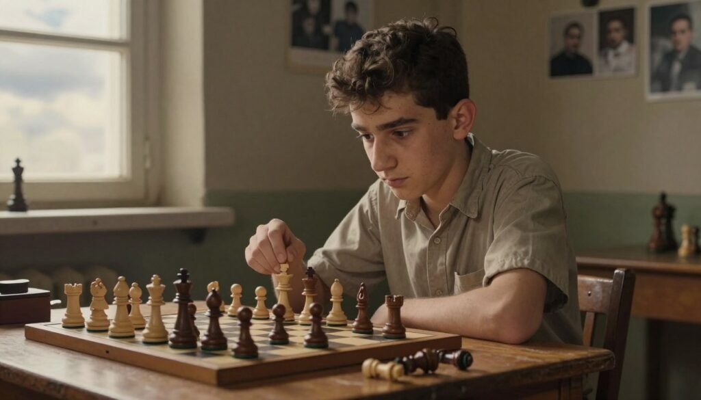 A young Tigran Petrosian seated at a modest wooden table in a dimly lit room, intense focus on his chessboard as he strategizes his next move. He is dressed in simple, modest clothing that reflects his early life in Tbilisi, with worn but earnest expressions. Surrounding him are hints of a humble environment: a small window casting soft light, revealing a cloudy sky, and scattered chess pieces scattered across the table. The background hints at the struggles of his youth, with faded photographs on the wall, evoking nostalgia and determination. The atmosphere is serious yet hopeful, embodying his journey from hardship to passion. Capture the essence of his youthful ambition with a warm, inviting color palette. Photograph taken with a soft focus lens, emphasizing both the subject and the intimate environment. Designed for use by Debsie.com.