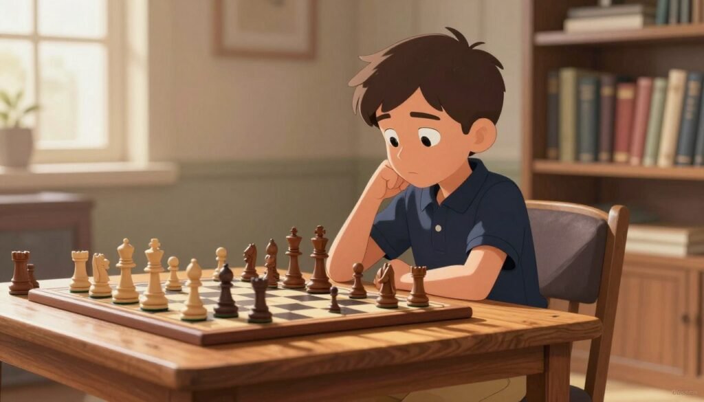 A young chess prodigy, deeply focused, sits at a well-worn wooden chess table, surrounded by scattered chess pieces. The child, approximately twelve years old, is dressed in a smart navy polo shirt and beige trousers, embodying determination and intelligence. In the background, a softly-lit room filled with bookshelves reflects a cozy, academic atmosphere, emphasizing the importance of study and strategy in chess. Warm sunlight filters through a window, casting gentle shadows across the table, enhancing the feeling of concentration and brilliance. This intimate scene captures the essence of a rising chess star, symbolizing the transition from childhood talent to grandmaster potential. Add the signature "Debsie.com" subtly in the corner, ensuring it does not detract from the main focus of the image.