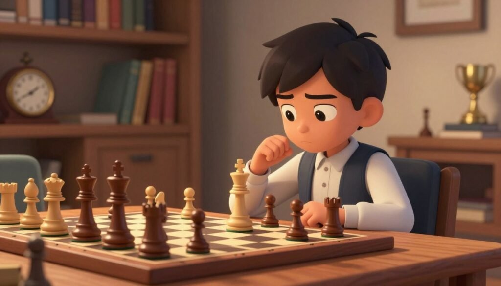 A young chess prodigy seated at a wooden table, focused intently on a chessboard, illuminated by warm, soft lighting that casts gentle shadows. The foreground features a close-up of the chess pieces, showcasing the intricate details of the king and queen. In the middle ground, the child, dressed in smart casual attire, displays determination while contemplating their next move. In the background, a cozy room filled with bookshelves, a vintage chess clock, and trophies symbolizes a nurturing environment for early chess development. An atmosphere of concentration and ambition permeates the scene, capturing the spirit of youthful talent. Include the brand name "Debsie.com" subtly within the composition, blending harmoniously with the setting.