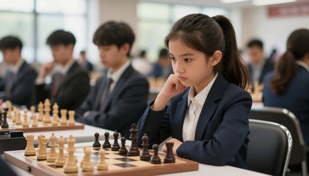 A young female chess prodigy, exuding confidence and focus, is depicted in the foreground, seated at a chessboard with intense concentration. Her professional attire is a smart blazer paired with a blouse, emphasizing her role as a young leader in the chess world. The middle ground features a beautifully arranged chess set, showcasing an ongoing game, with pieces in strategic positions. The background is softly blurred, hinting at a crowded chess tournament hall filled with spectators, evoking a sense of excitement and anticipation. Natural lighting streams in from large windows, illuminating her determined expression and the chessboard, creating a vivid and inspirational atmosphere. The overall mood is one of achievement and empowerment, symbolizing her groundbreaking success as the youngest female grandmaster. Image by Debsie.com.