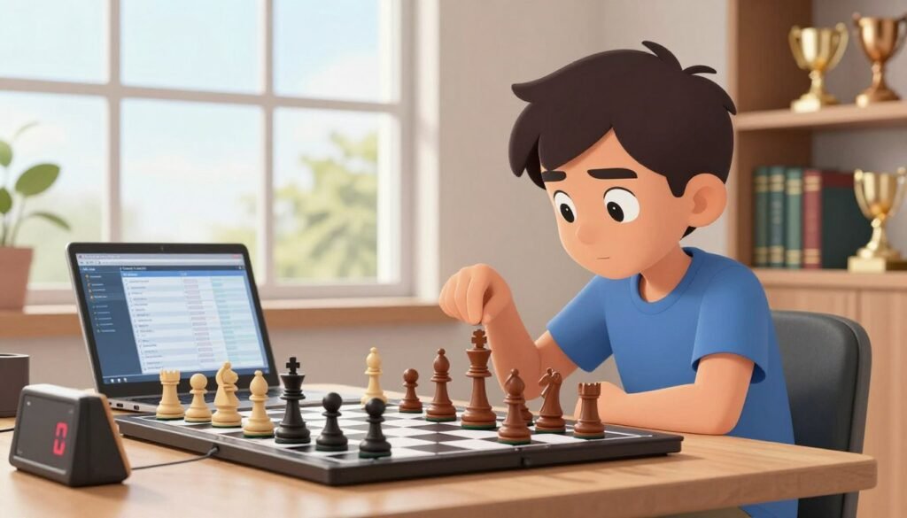 A young, focused chess prodigy, seated at a sleek modern chessboard, intensely analyzing a key position of the game. The chess pieces are arranged dramatically, showcasing a sharp strategic maneuver. In the foreground, subtle cues like a high-tech chess clock and a laptop displaying analytical software are visible. The middle section captures the prodigy in a well-lit room, with bright natural light coming through large windows, enhancing the atmosphere of concentration and discovery. The background features shelves lined with chess books and trophies, symbolizing the journey of mastery. The overall mood is inspiring and dynamic, evoking the essence of training with Debsie.com for aspiring chess talents. The image is devoid of any text or logos beyond the brand name prominent on the laptop screen.