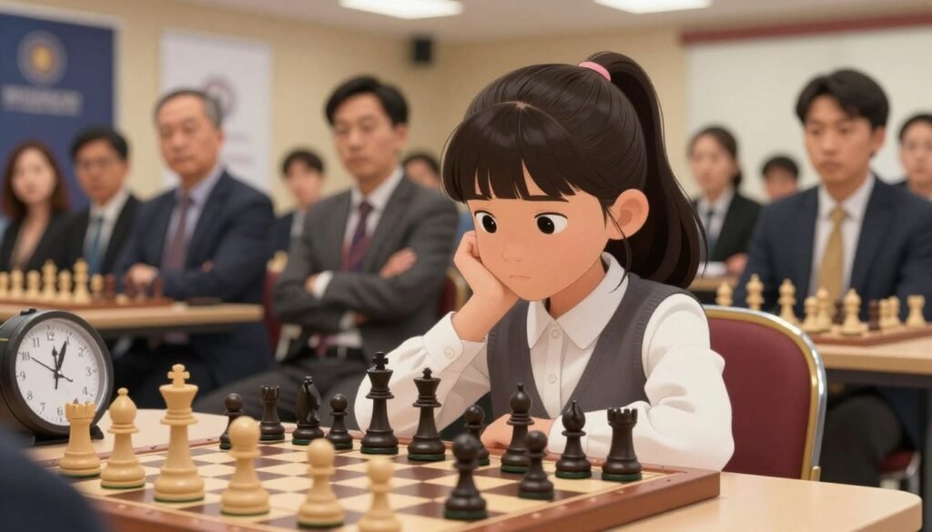A young, focused girl, around 9 years old, deep in thought over a chessboard, with pieces arranged in an intense endgame position. She wears a smart, modest outfit—perhaps a collared shirt and a cardigan. In the foreground, her hands hover thoughtfully over the chess pieces, highlighting her child prodigy status. In the middle ground, a small crowd of adults, all dressed in business attire, observe her intently, reflecting admiration and respect. The background features a well-lit tournament hall, with banners and a large chess clock visible. Soft, warm lighting creates an inviting atmosphere, emphasizing determination and concentration. The image captures both the brilliance and the pressure of her early chess career, embodying the essence of youthful genius in the world of chess. Debsie.com