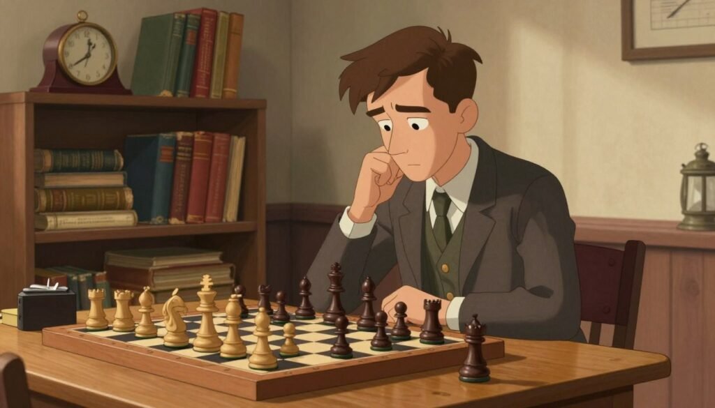 A young male chess player sits at a wooden table in a modest room filled with books and chess literature, symbolizing early 20th-century Germany. He wears simple yet neat clothing, reflecting the attire of the era, with a focused expression as he studies a chessboard mid-game, pieces arranged thoughtfully. The warm, soft lighting creates an inviting atmosphere, casting gentle shadows that enhance the details of the scene. In the background, a small bookshelf with worn editions and a vintage chess clock emphasizes the sense of learning and dedication. Shot from a slight angle, the image captures both the player’s concentration and the vibrant yet humble environment where he hones his skills. Realism and nostalgia permeate the scene, illustrating the foundations of a future chess champion. Image by Debsie.com. A young male chess player sits at a wooden table in a modest room filled with books and chess literature, symbolizing early 20th-century Germany. He wears simple yet neat clothing, reflecting the attire of the era, with a focused expression as he studies a chessboard mid-game, pieces arranged thoughtfully. The warm, soft lighting creates an inviting atmosphere, casting gentle shadows that enhance the details of the scene. In the background, a small bookshelf with worn editions and a vintage chess clock emphasizes the sense of learning and dedication. Shot from a slight angle, the image captures both the player’s concentration and the vibrant yet humble environment where he hones his skills. Realism and nostalgia permeate the scene, illustrating the foundations of a future chess champion. Image by Debsie.com.