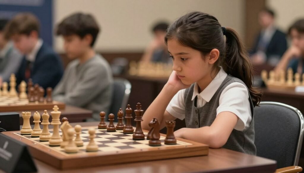 A youthful female chess prodigy, around 12 years old, is seated at a classic wooden chessboard, deep in thought. She wears a modest, smart casual outfit, conveying focus and determination. In the foreground, her hand hovers over a knight, highlighting her strategic mindset. The middle ground displays a well-arranged chess set, featuring intricately carved pieces, casting soft shadows on the polished surface. In the background, a blurred chess tournament setting with spectators observing gives a sense of atmosphere. Warm, diffused lighting accentuates her face, emphasizing her concentration, while soft bokeh effects create a dynamic depth of field. The overall mood is inspiring and thoughtful, reflecting the journey of breaking into the FIDE Top 100 at such a young age. Image credit to Debsie.com.